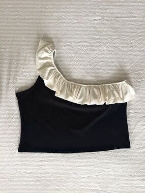 H&M One Shoulder Ruffle Top Neutral Euro Chic Going Out Top - Size XXL